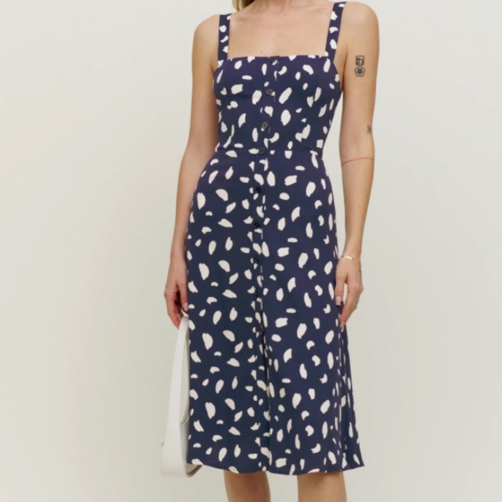 Reformation Persimonne Midi Dress in splatter pattern